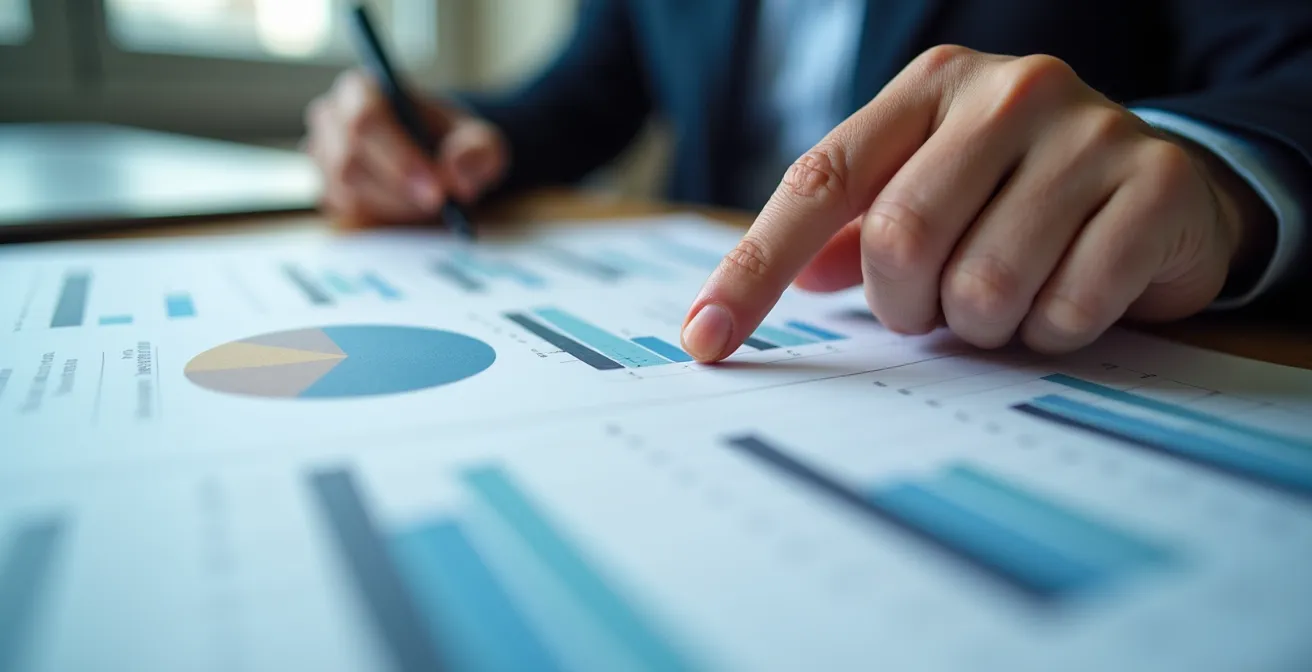 Mani che analizzano grafici finanziari su documenti bancari con luce naturale