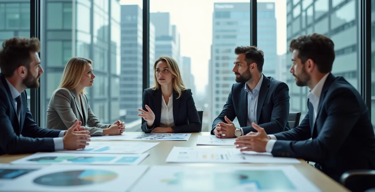 Vista dall'alto di una war room moderna con professionisti che analizzano dati competitivi