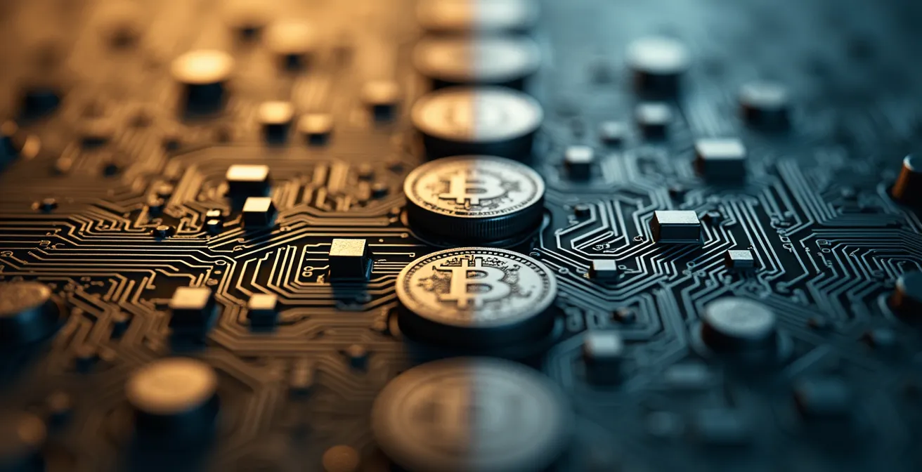 Dettaglio macro di chip elettronico e monete tradizionali che simboleggiano banca digitale e fisica