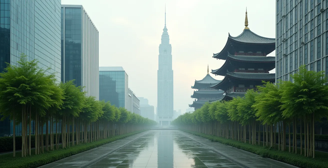 Composizione divisa tra skyline tecnologico moderno e architettura tradizionale asiatica