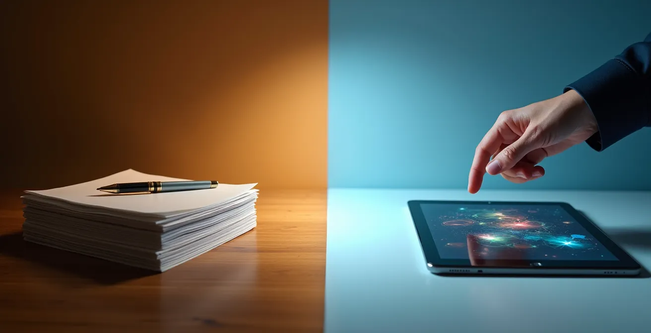 Confronto visivo tra processo di firma tradizionale e digitale