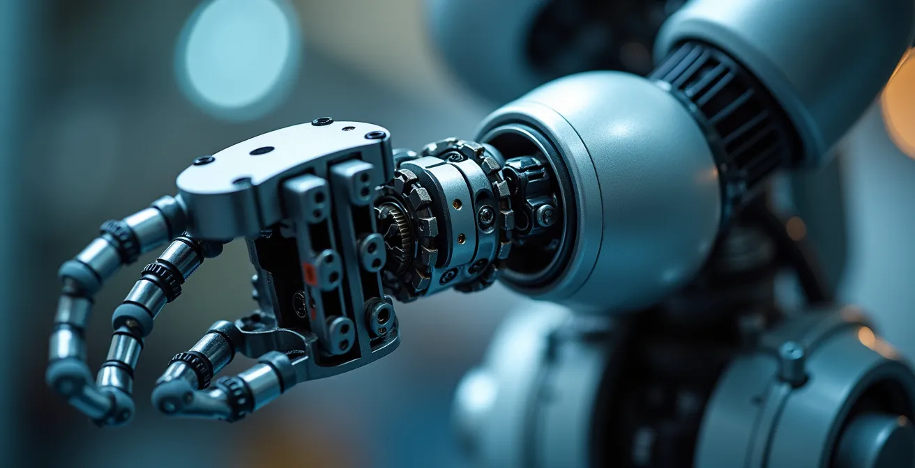 Confronto visivo tra robot cartesiano e braccio antropomorfo in ambiente produttivo compatto