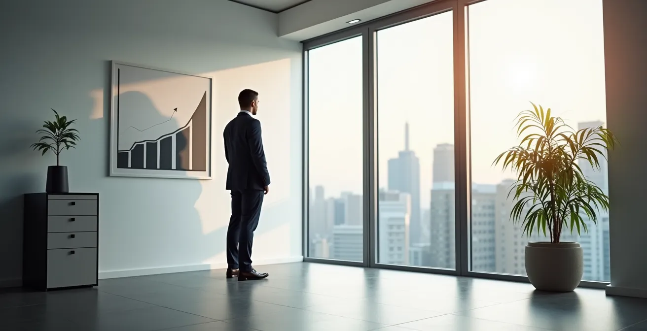 Consulente finanziario indipendente nel suo ufficio minimalista con grafici finanziari