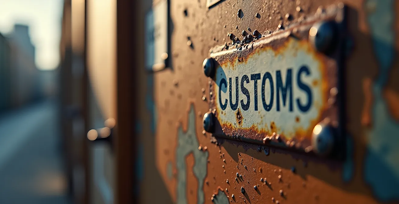 Macro dettaglio di etichetta doganale sfocata su container metallico con texture rugginosa