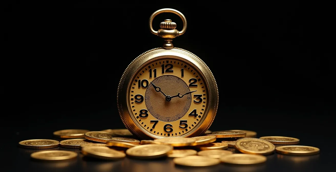 Orologio che si dissolve in monete d'oro, simboleggiando il costo dell'attesa negli investimenti