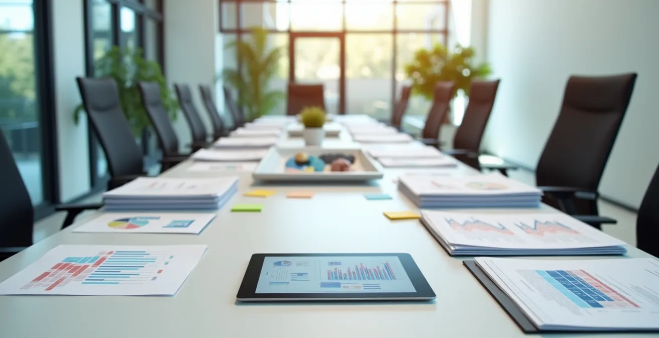 Scrivania con documenti di ricerca e sviluppo organizzati metodicamente