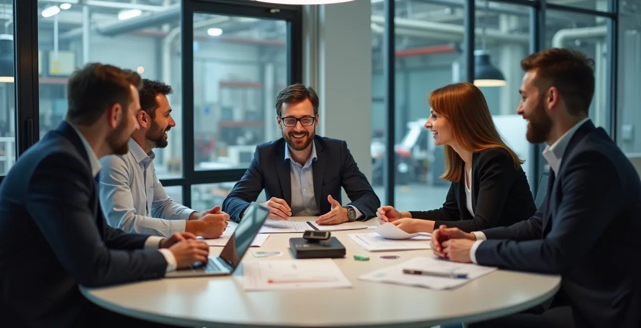 Imprenditori in riunione attorno a un tavolo ovale con documenti e grafici energetici, a simboleggiare la discussione sulla governance di una CER.