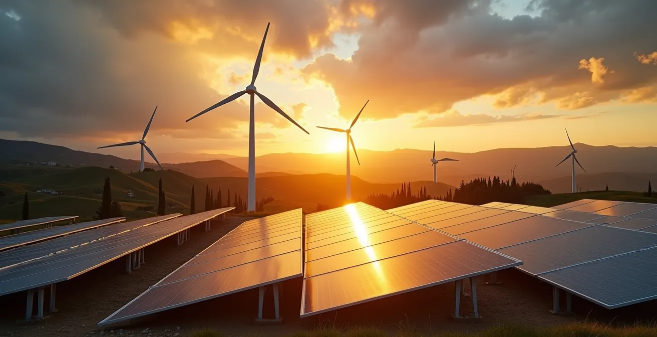 Campo fotovoltaico e pale eoliche sulle colline italiane al tramonto con cielo drammatico