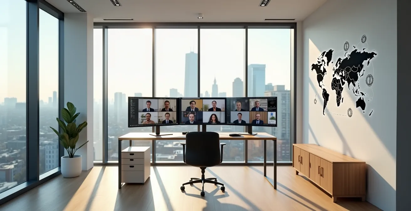 Manager al lavoro con multiple schermate di videoconferenza mostrando team internazionali
