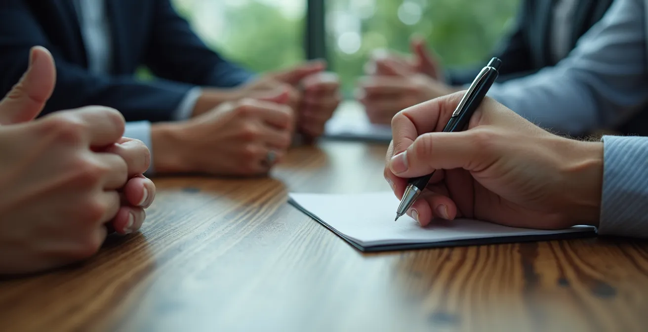 Dettaglio ravvicinato di mani che mostrano tensione durante riunione di team nel settore finanziario