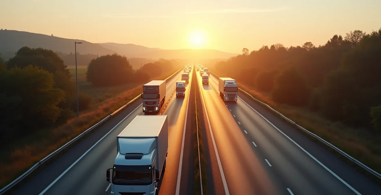 Vista aerea minimalista di autostrada con camion merci in movimento verso orizzonte con cielo sereno