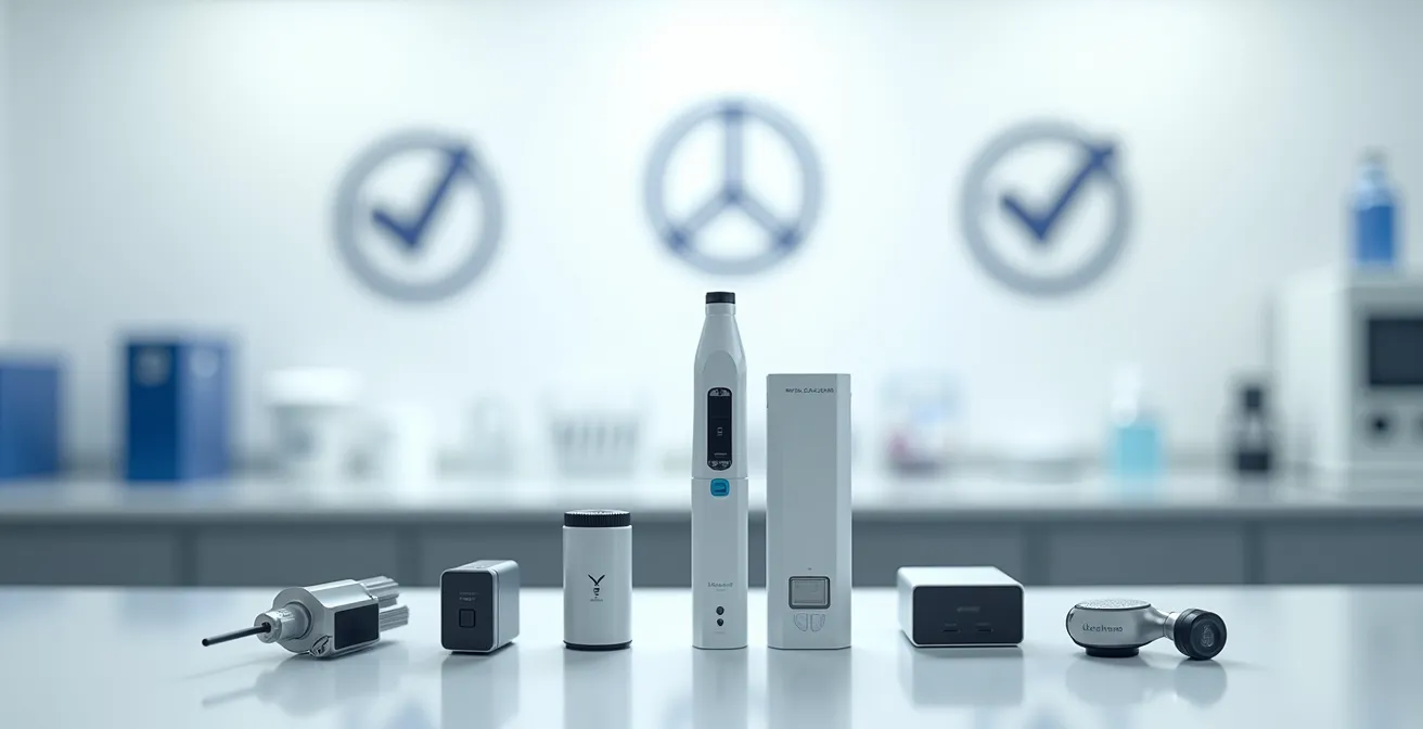 Prodotti elettronici su tavolo di laboratorio con simboli di certificazione astratti sfocati sullo sfondo