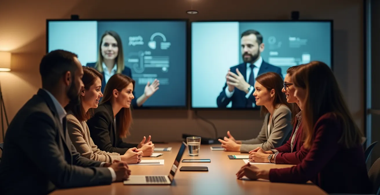 Riunione ibrida con partecipanti in presenza e da remoto su schermo condiviso