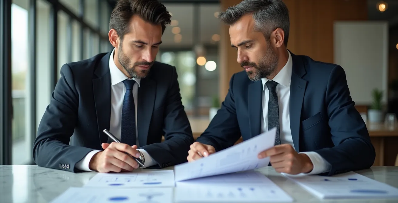 Due professionisti italiani in un ufficio moderno analizzano documenti contrattuali con grafici di andamento prezzi visibili su un tavolo