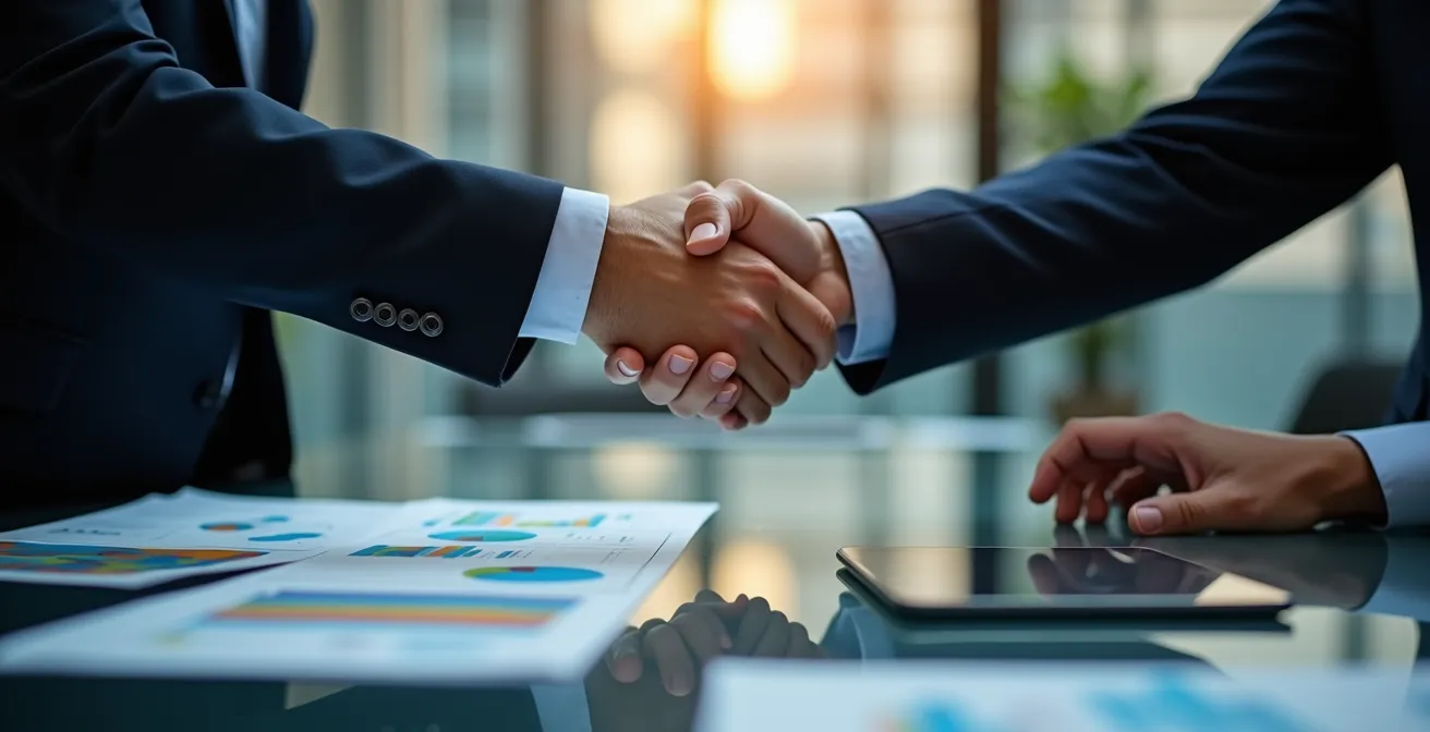 Stretta di mano tra imprenditore e banker in ufficio moderno con documenti finanziari sfocati