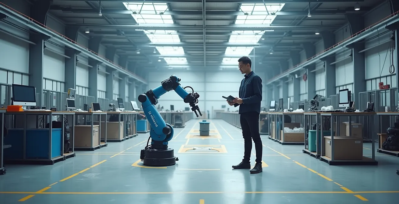 Operatore e robot collaborativo lavorano fianco a fianco in sicurezza nella linea di produzione