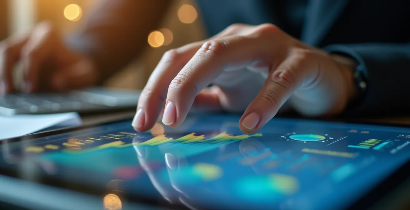 Mani che impostano un piano di accumulo automatico su tablet con grafici di crescita graduale