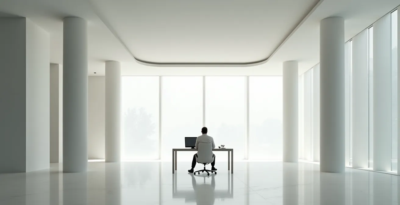 Vista ampia di un ufficio moderno con professionista che pianifica strategie finanziarie