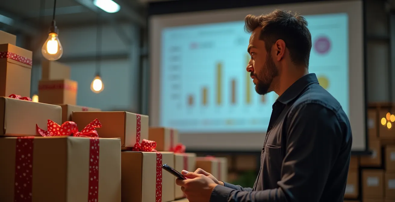 Magazzino italiano con operatore che analizza grafici di previsione vendite per periodo natalizio