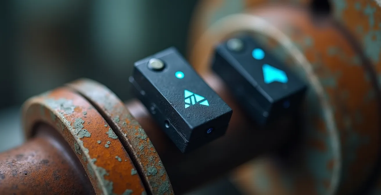 Dettaglio macro di sensori IoT non invasivi installati su macchinario industriale vintage