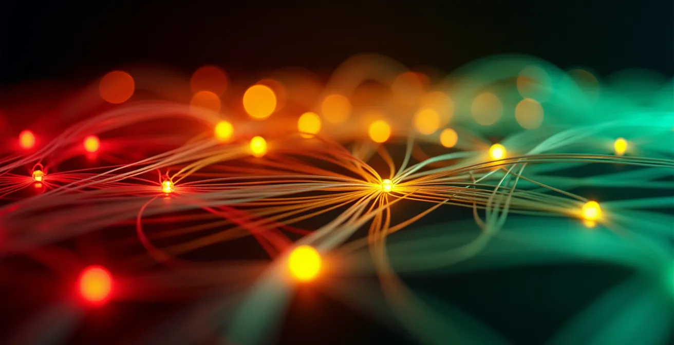 Vista macro di flussi di dati colorati che rappresentano lo smistamento automatico delle email