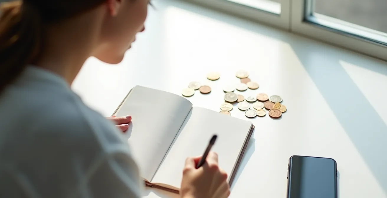 Persona che annota spese su taccuino con monete sparse sul tavolo